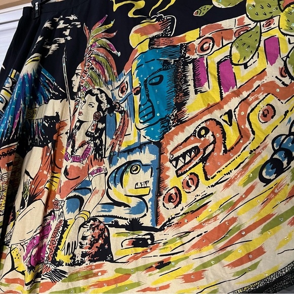 Funky People vintage aztec Mayan ruins volcano Indian graphic flared midi skirt - Picture 4 of 14